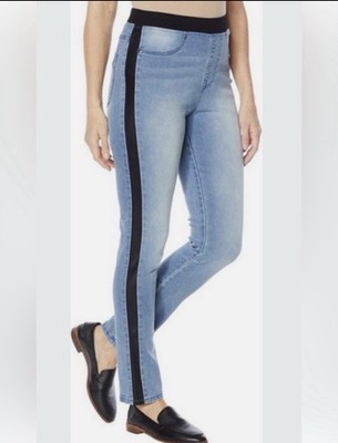 DG2 Diane Gilman Faux Leather Side Stripe Skinny Jeans Light Wash Pull On (M)