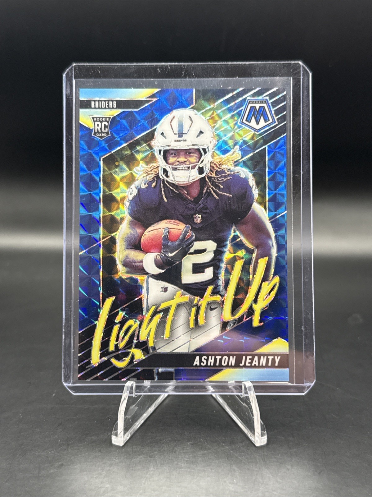 2025 Mosaic Football Ashton Jeanty RC Light it Up Blue Mosaic Prizm #/99