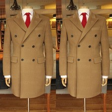 Camel 100 Cashmere Men's Overcoat Peak Lapel Double Breasted Long Jacket Coats