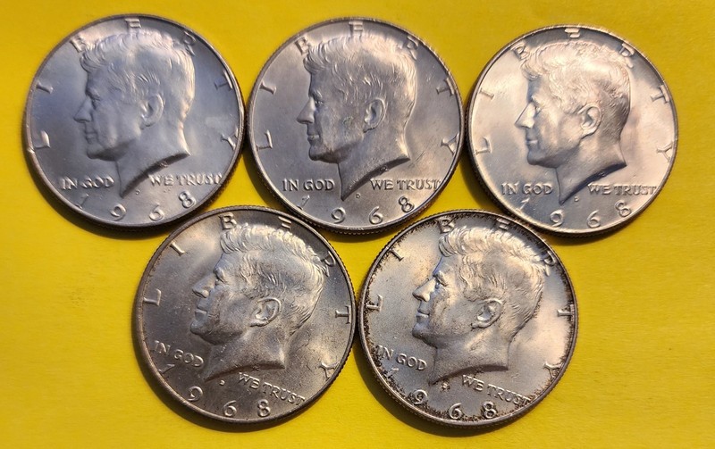 (5) 1968-D 40% Silver Half Dollar Coins Circ. Cond.- See Pictures & You Grade.