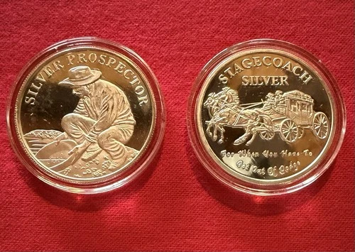 2- 1oz .999 Fine Silver Rounds. Silver Prospector & Stagecoach Silver. Proofs