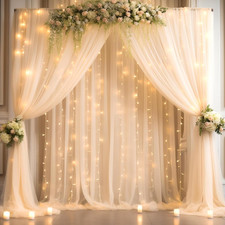 30X8Ft Champagne Tulle Backdrop Curtain with Lights String for Parites, Sheer Ba