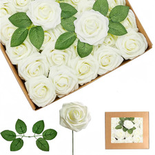 25 St&uuml;ck K&uuml;nstliche Blumen Rosen Beige Wei&szlig;,Deko Blumen,Schaumrosen mit Stielen