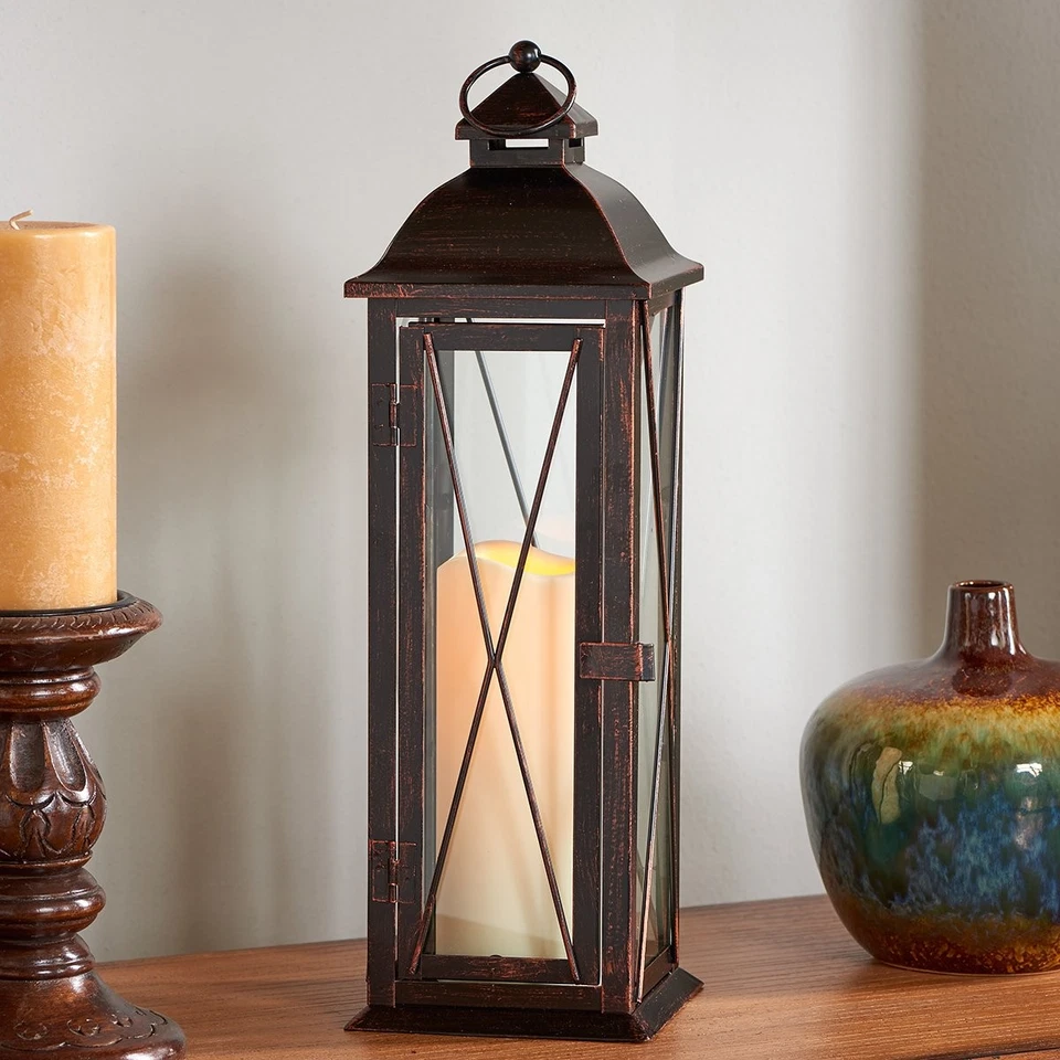 Linterna metálica STI84036LC Siena con vela LED, 16 pulgadas de alto, marrón antiguo F... Foto 4 de 4