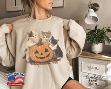 Vintage Cat Halloween Sweatshirt Spooky Feline Fall Autumn