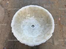 Fregadero redondo de cuarzo blanco artesanal | Lavabo de baño de piedra natural | Fregadero moderno