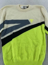 Vintage Tyrolia Sweater Small Geometric Knit 80s Pullover Neon Yellow Black Ski