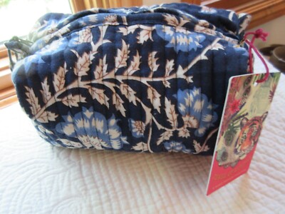 JEWEL OF MUMBAI QUILTED TOILETRY COSMETIC BAG BLUE FLORAL COTTON ARTISAN INDIA