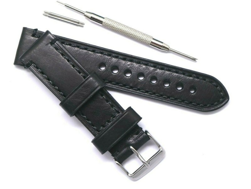 20mm Black Oily Cowhide Leather Men Watch Strap With Spring Bar Remover Tool
