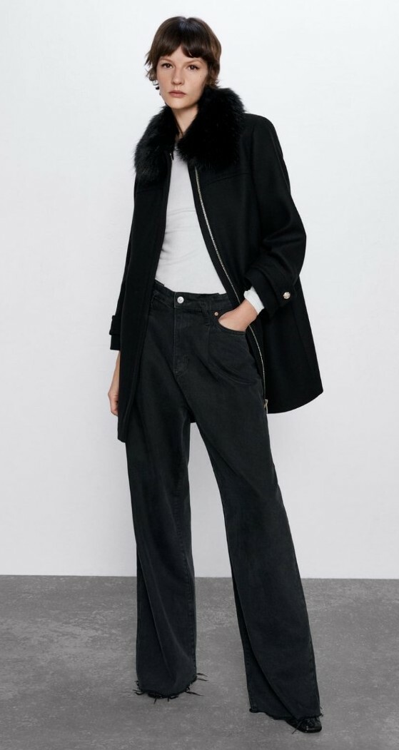 Zara Women's XL Black Faux Fur Trim Wool Blend Coat NWT