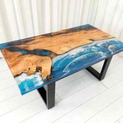 Ocean Epoxy Resin Dining Table, Wooden Custom Made Furniture Epoxy Table Decor
