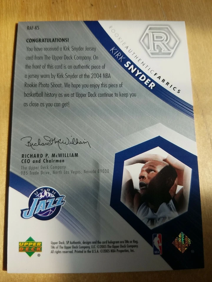 2004-05 SP Authentic Fabrics Rookies #RAF-KS Kirk Snyder Utah Jazz Free Shipping - Image 2 of 2