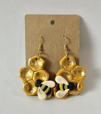 Yellow Gold Hexagon Bee Hive Hand Crafted Polymer Clay Earrings Unique Handmade