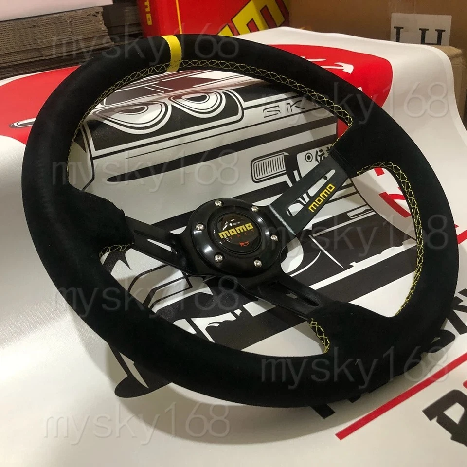 13'' Deep Dish Racing MOMO Steering Wheel Car Suede Leather Yellow Horn - Image 3 of 4