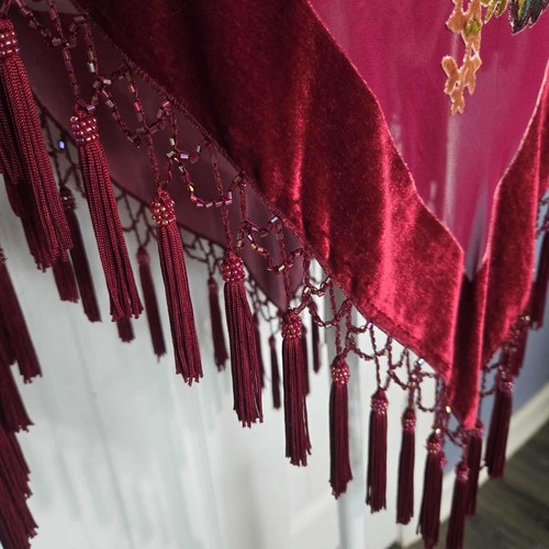 Rare Vintage 1990s XXI Gorgeous Burgundy Beaded Floral Velvet Tunic with Fringes - Picture 2 of 8