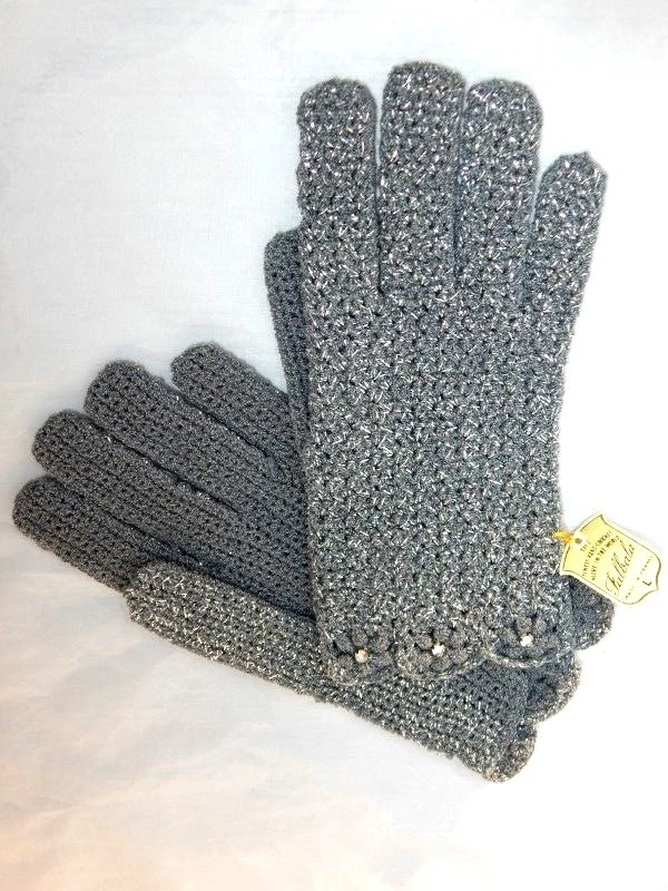 Guantes Falbala Ganchillo a Mano Hechos en Francia Gris Metálico Estrás Años 50 De Colección M Foto 3 de 4