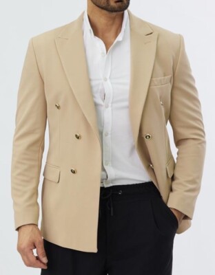 Designer beige double breasted double breasted jacket gold buttons fitted slim fit