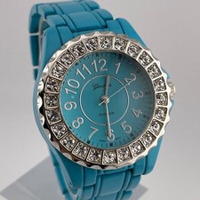 Geneva Womens Watch 38mm Blue Case Bracelet Gem Set Bezel Quartz Three Hands