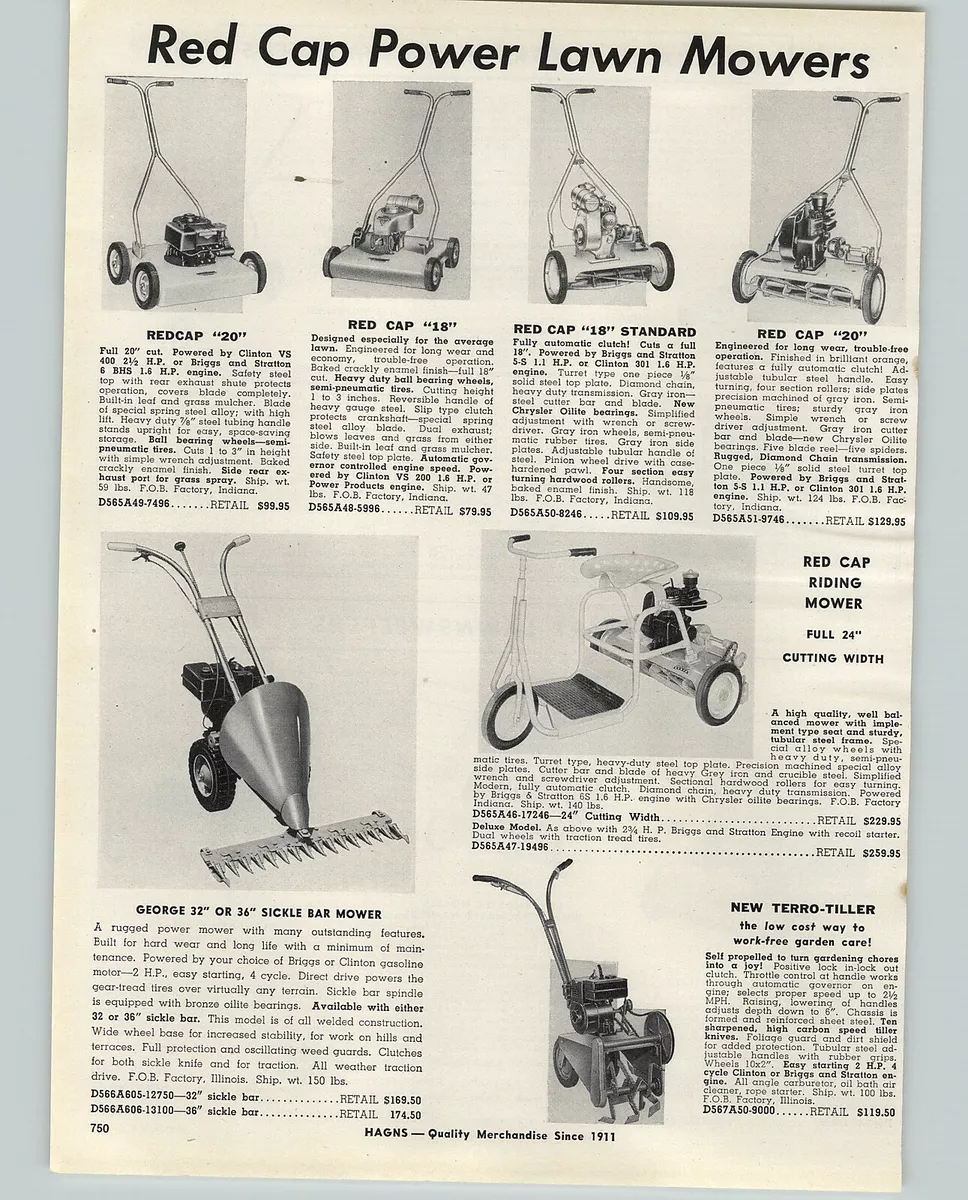 1956 PAPER AD Red Cap 3 Wheel Riding Lawn Mower 1.6 HP Engine