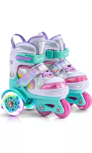 SULIFEEL Rainbow Unicorn 4 Size Adjustable Light up Roller Skates (SIZE X-SMALL)