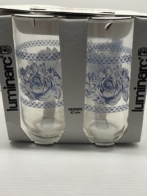 Luminarc Blue Flower 16 oz Drinking Glass Tumblers Set of 4 Retro Blue Rose Box