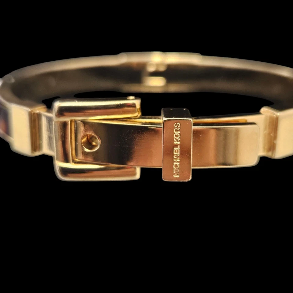 Michael Kors Yellow Gold Tone & Tortoise Acetate Hinge Belt Bangle Bracelet 6" - Image 4 of 4