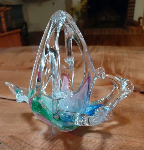 Vtg Murano Venetian Multicolor Pastel Swirl Hand Blown Art Glass Small Basket