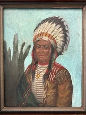 🔥Antique Old WEST Native Indian SIOUX Chief Portrait Oil Painting, LITTLE HORSE