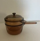 Vintage Corning Pyrex Vision Double Boiler Set Amber V-20-B & V 1.5 C Lid 3 pc