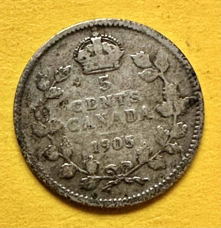 1905 Canada Five Cent King Edward VII. 92.5% Silver. G-VG Condition. Charity. ￼