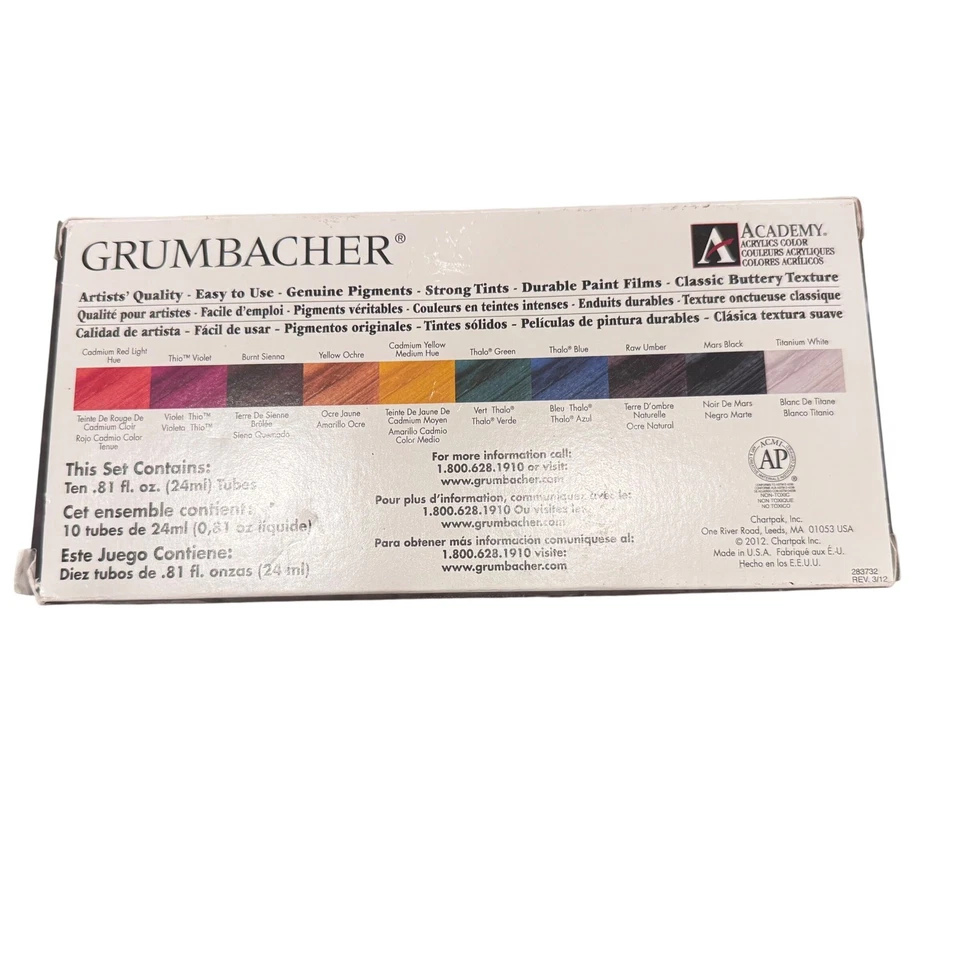 Grumbacher Academy Acrylic Paint Set 10 Color Set  Color Couleurs NOS 2012 - Image 3 of 4