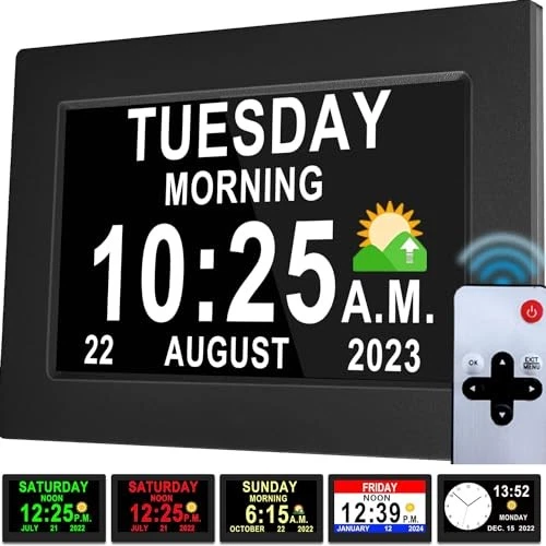 [New Version] 7 Inch Day Clock - 16 Alarms, Remote Control, Level 10 Auto