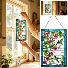 15 x 10" Vintage Style Stained Glass Hummingbird Window Hanging Suncatcher Panel