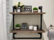 Industrial Bathroom Shelves Wall Mounted 2 Tiered,24in Pipe Shelving Wood She...