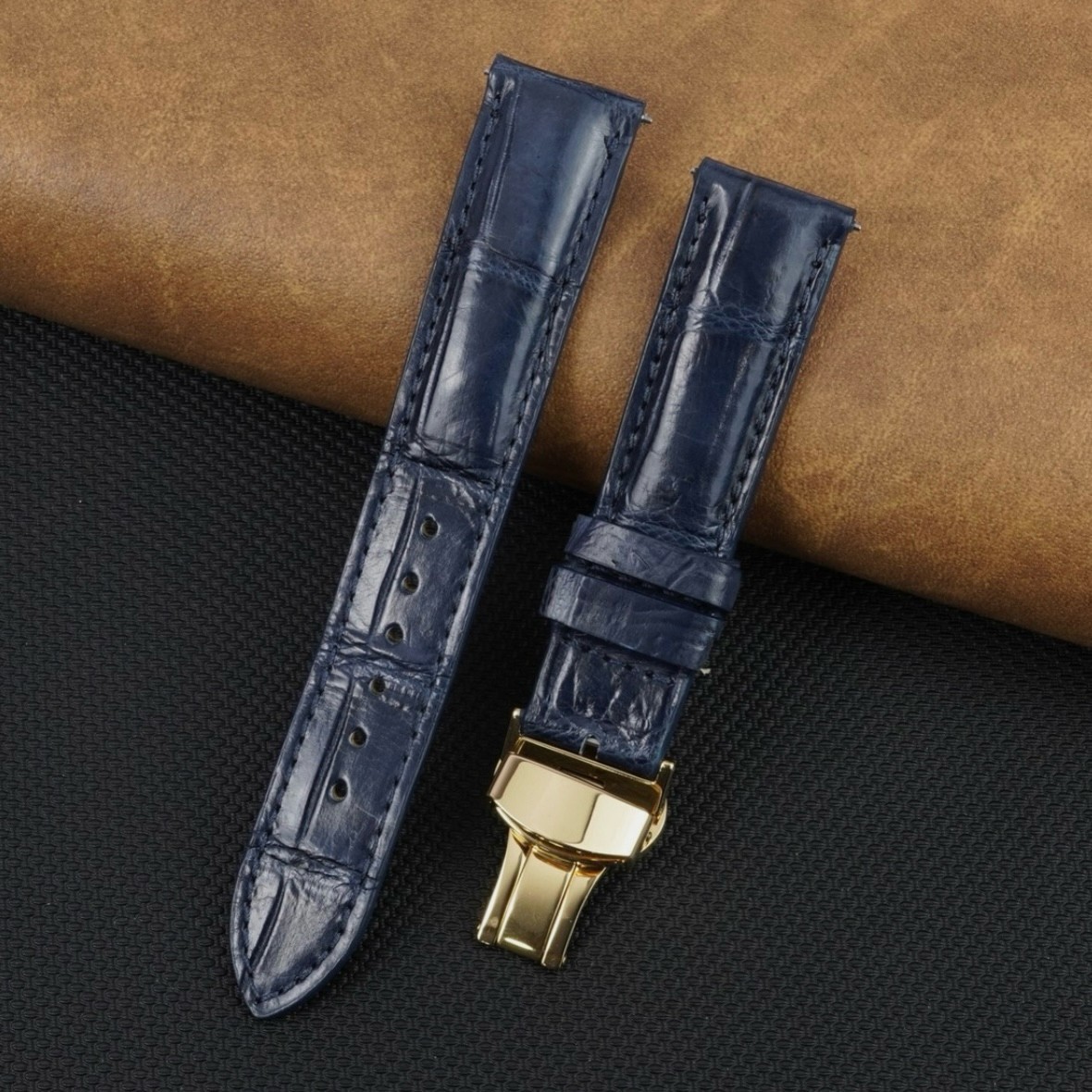 22mm Blue Real Crocodile Leather Watch Band Strap Men Gold Deployment Buckle