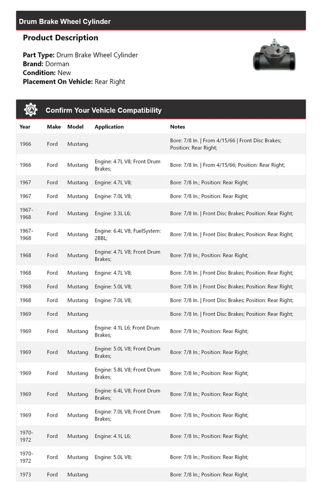 Para 1966-1973 Ford Mustang Dorman cilindro de roda de freio a tambor traseiro direito 1967 1968 - Imagem 2 de 3