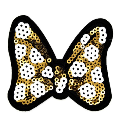 PATCH AUFNÄHER SCHLEIFE GOLD FLIEGE PAILLETTEN AUFBÜGLER ROCKABILLY GLITZER NEU