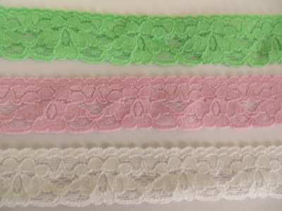 Stretch Spitzen Kantenborte cremeweiß lindgrün oder rosa 10mts von 2,5cm Breite