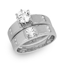 Sterling Silver 2-pcs Engagement Wedding CZ Ring Set w/ 6mm  4mm Center Stones