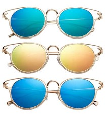 3 Pack Metal Round Frame with EyeBow Fashion Sunglasses for Women, Flash Mirror