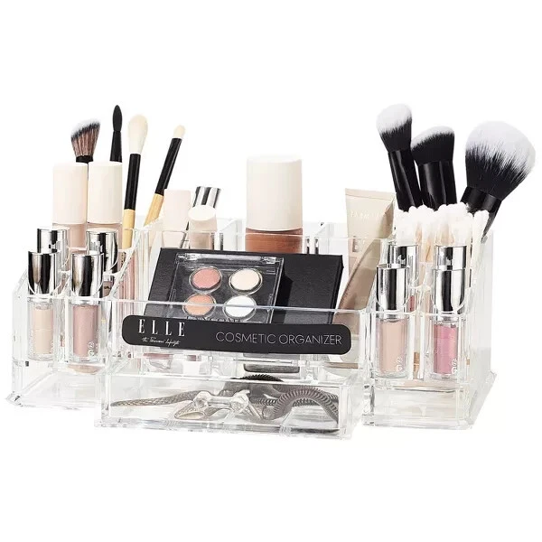 Acrylic Makeup Tray Organizer– 16 Compartments 1 Drawer, Rectangular Holder