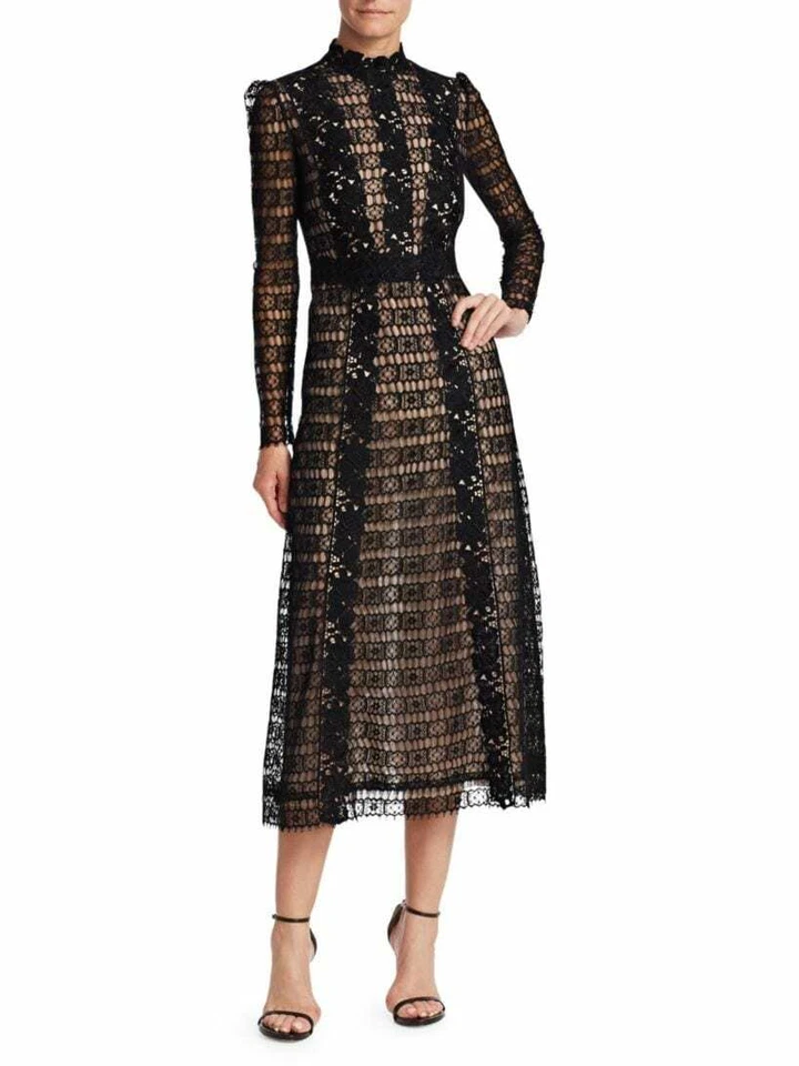 Vestido de cóctel GIAMBATTISTA VALLI negro desnudo floral encaje manga transparente 10 = 46IT Foto 4 de 4