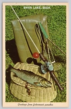 Greetings from Swan Lake Michigan Fish Fishing Pole Waders Landing Net Postcard