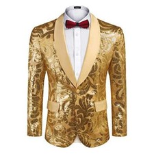 Men Lapel Jacket Suit Blazer Floral Sequin Shawl Coat Party Showman Costume Slim
