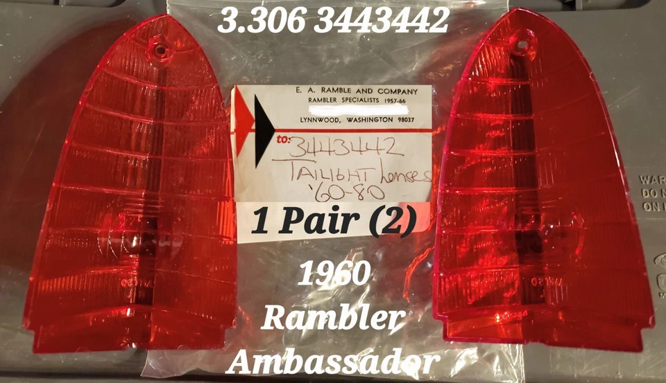 AMC / Rambler Ambassador L/R 后红色尾灯镜片适用于 1960 - 80 N.O.S 3443442 — 第 2/4 张图片