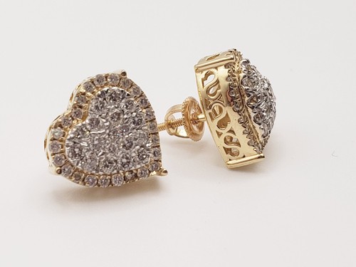 14K Yellow Gold* Heart Shape 1.03CT G-J /SI I1Diamond Studs Back Screw Earrings - Picture 2 of 8