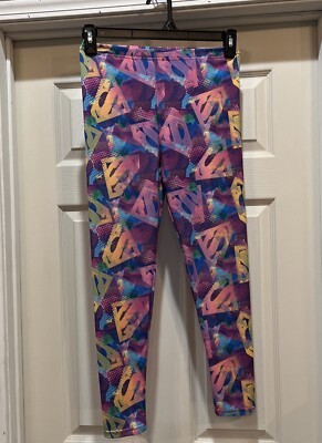 Dc Supergirl Pink Multicolor Shield Print Leggings Girl Size L 10-12