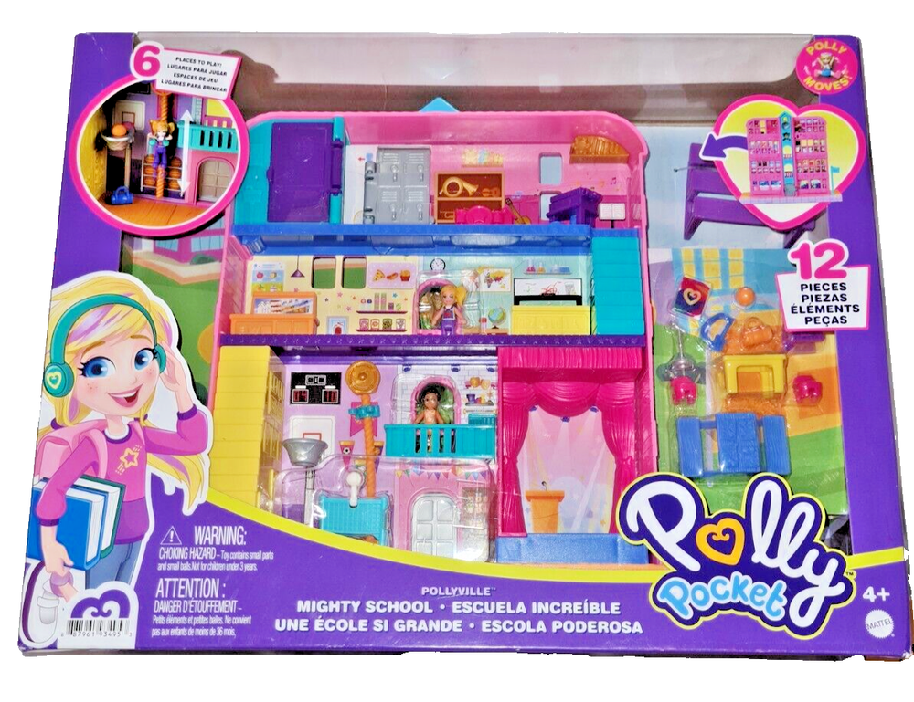 Polly Pocket Pollyville Mighty School Playset Lockers Desk Gym Class Stage NEW