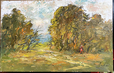 OIL PAINTING LANDSCAPE WALKER AUTUMN FOREST EDGE MEADOW SKY ANTIQUE SIGNED