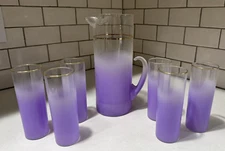 MCM Blendo Purple Orchid Ombre Pitcher & Ice Tea Set of 6 Glasses VINTAGE